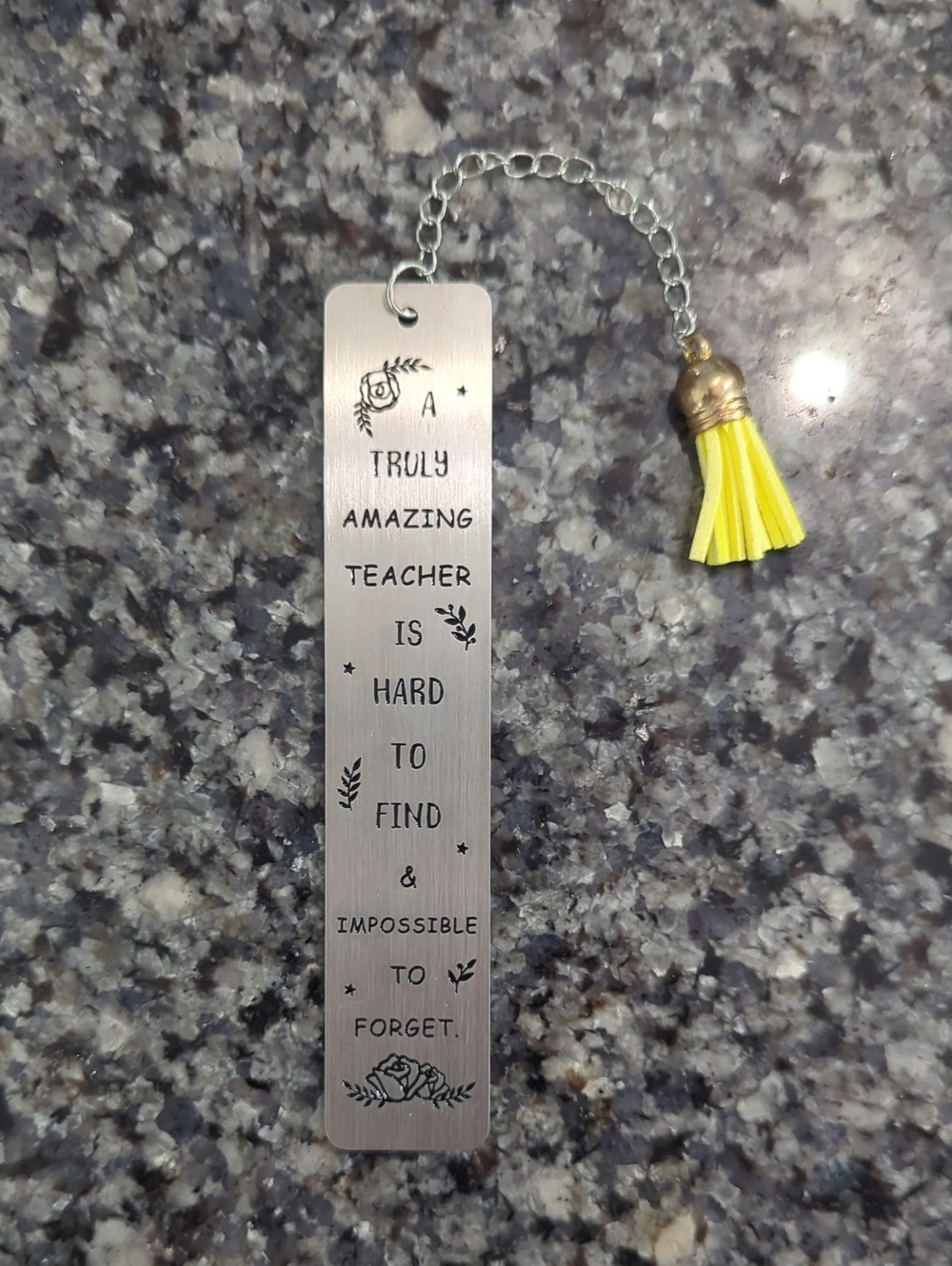 Inspirational Teacher Metal Bookmark with Yellow Tassel